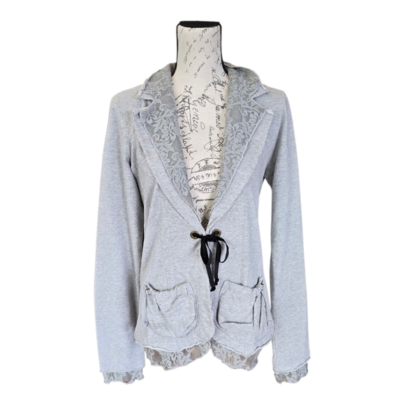 Daytrip Boho Gray Knit Lace Tie Front Jacket L - Picture 1 of 8